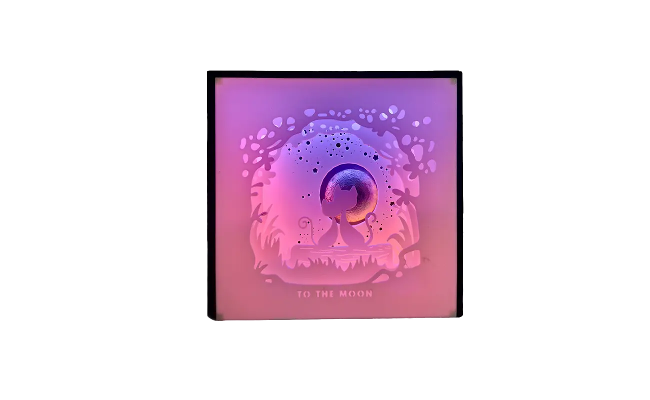 Custom 3D printed shadow box lamp To the Moon, φωτιστικό λιθογραφία με γάτες και φεγγάρι, Laser Muse Art