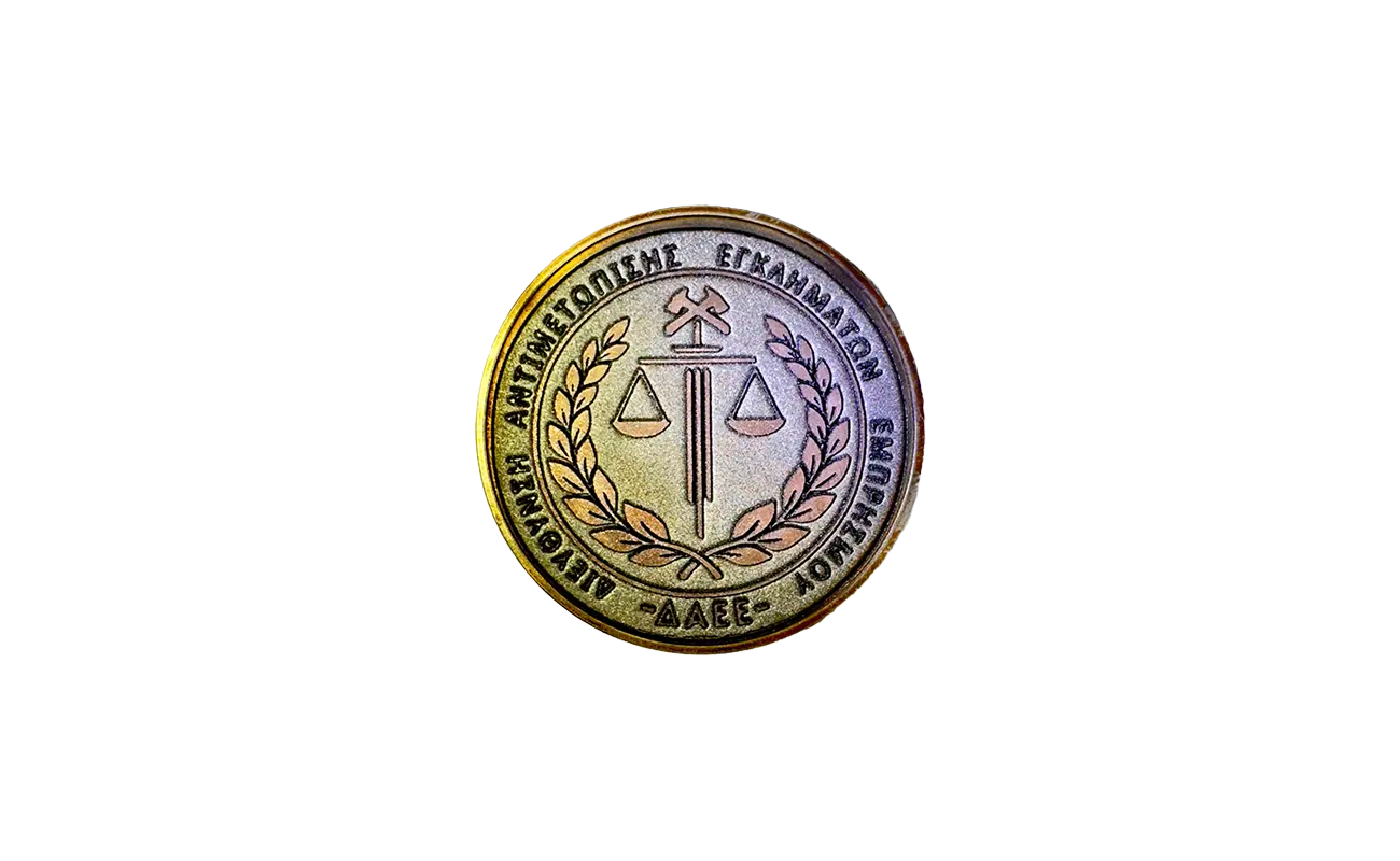 Custom laser engraved 3D emboss metal challenge coin DAEE, αναμνηστικό ανάγλυφο μετάλλιο Πυροσβεστικής, Laser Muse Art