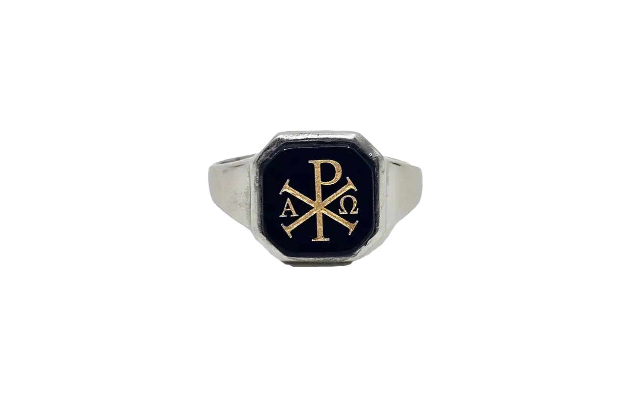 Custom laser engraved Chi-Rho Alpha Omega ring, δαχτυλίδι με χάραξη Χριστόγραμμα Α-Ω, Laser Muse Art