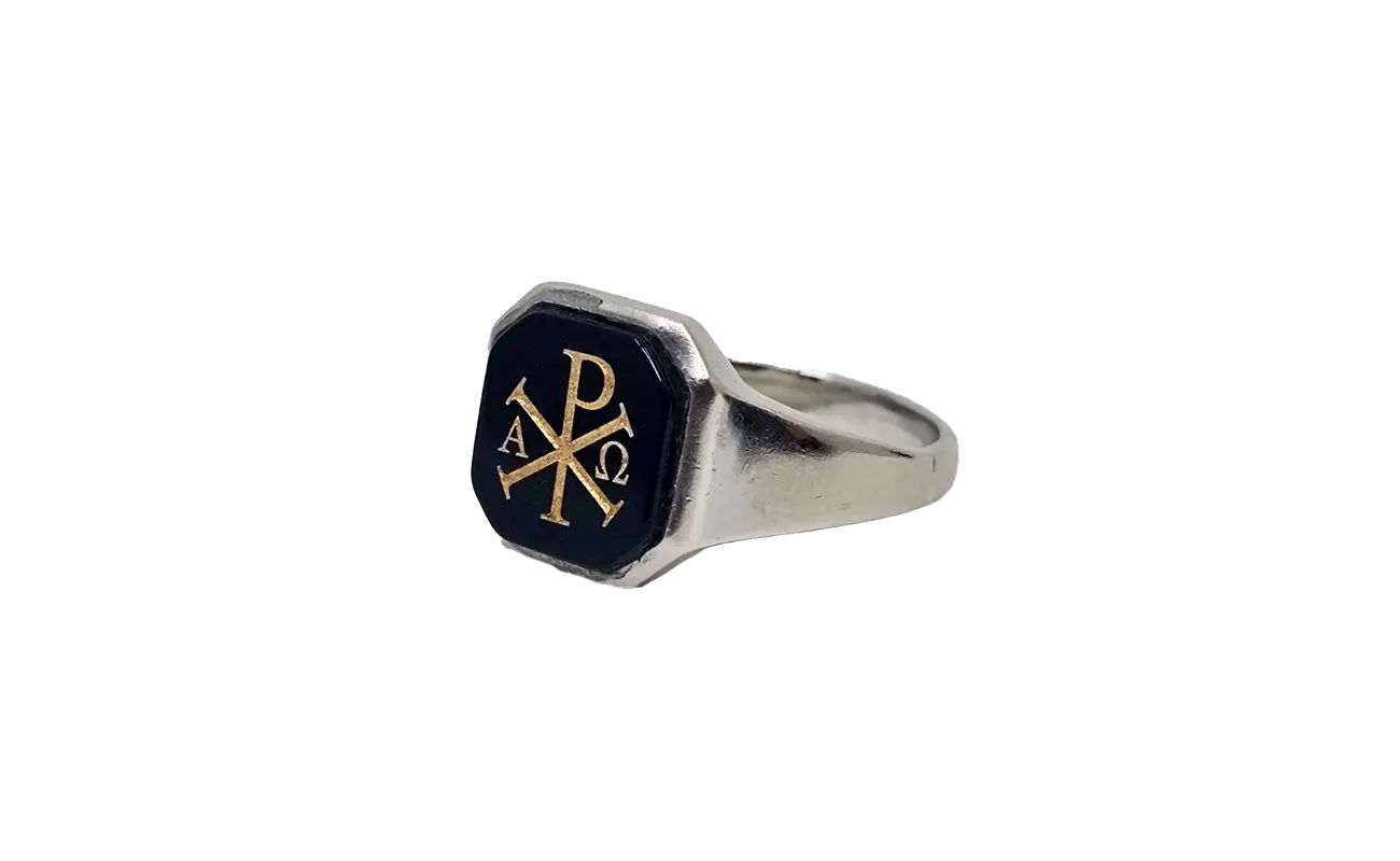 Custom laser engraved Chi-Rho Alpha Omega ring, δαχτυλίδι με χάραξη Χριστόγραμμα Α-Ω, Laser Muse Art
